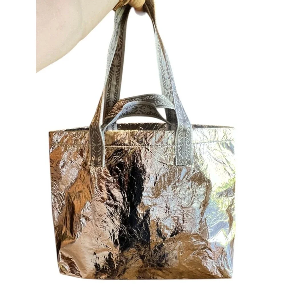 Tory Burch Metallic Silver Sublime Tote Bag with Patterned Straps